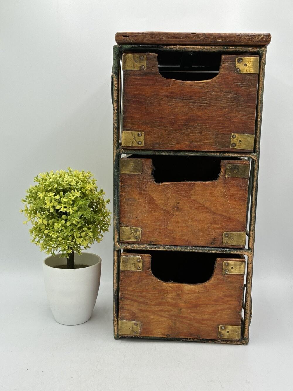 Vintage Rustic Wood 3 Drawer Storage Chest Metal Frame Brass Corner Accents